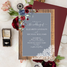 Dusty Blue Burgundy Wood Lace Script Wedding Einladung