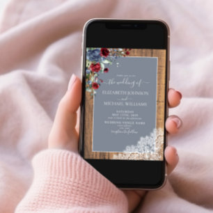 Dusty Blue Burgundy Wood Lace Script Wedding Einladung
