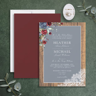 Dusty Blue Burgundy Wood Lace Script Wedding Invit Einladung