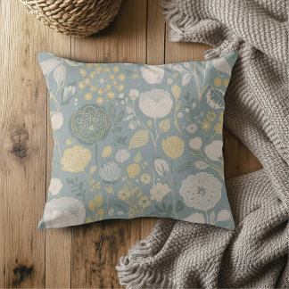 Dusty Blue Butter Yellow Beige Modern Floral Print Kissen