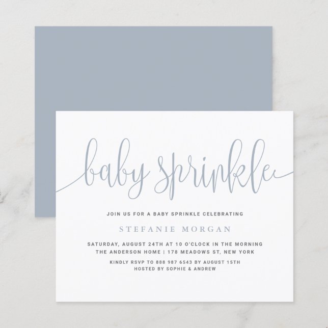 Dusty Blue Calligraphy Baby Sprinkle Einladung (Vorne/Hinten)
