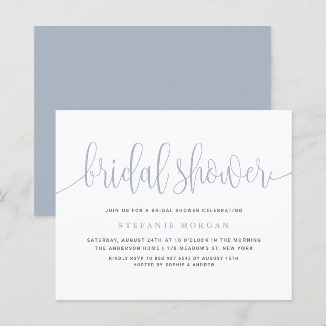 Dusty Blue Calligraphy Bridal Dusche Einladung (Vorne/Hinten)