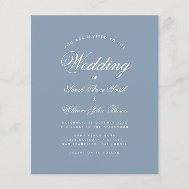 Dusty Blue Calligraphy Budget Hochzeit Einladung (Vorderseite)