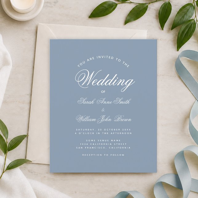 Dusty Blue Calligraphy Budget Hochzeit Einladung (Von Creator hochgeladen)