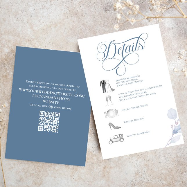 Dusty Blue Calligraphy QR Code Wedding Details Begleitkarte (Dusty blue calligraphy wedding details card with timeline icons and elegant layout)
