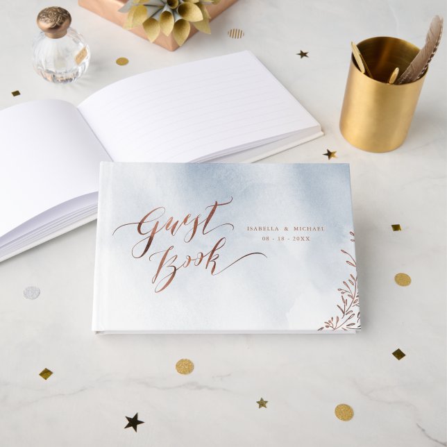 Dusty blue calligraphy rustic wedding guest book gästebuch (Vorderseite Offen)