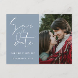 Dusty Blue Calligraphy Save the Date Wedding Foto Einladungspostkarte