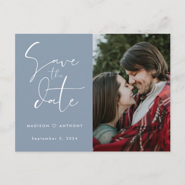 Dusty Blue Calligraphy Save the Date Wedding Foto Einladungspostkarte (Vorderseite)