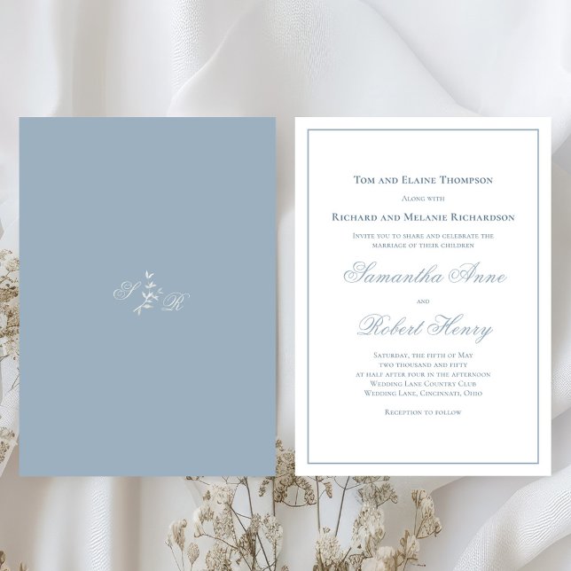 Dusty Blue Calligraphy Script Wedding Einladung (Dusty blue elegant calligraphy script wedding invitations. )
