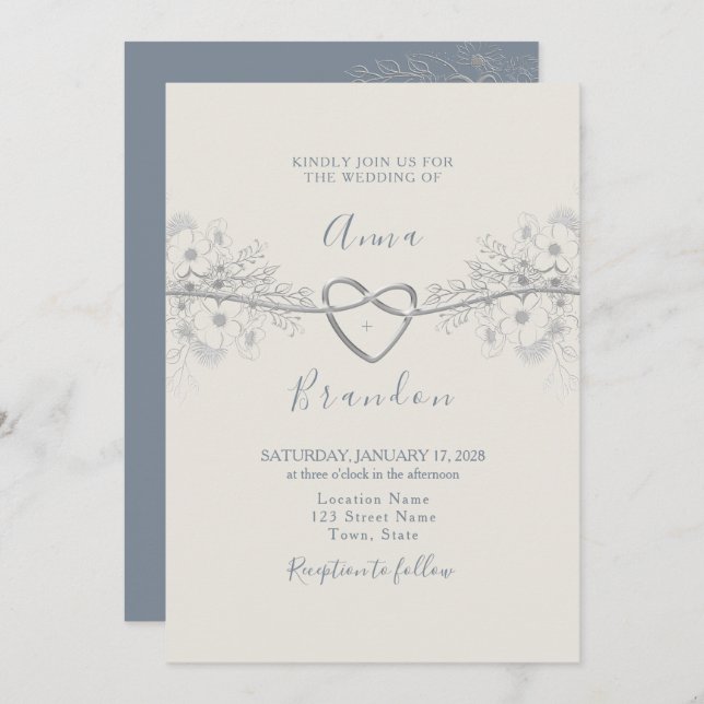 Dusty Blue Calligraphy Wedding Einladung (Vorne/Hinten)