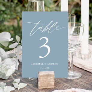 Dusty Blue Calligraphy Wedding Table Cards Tischnummer