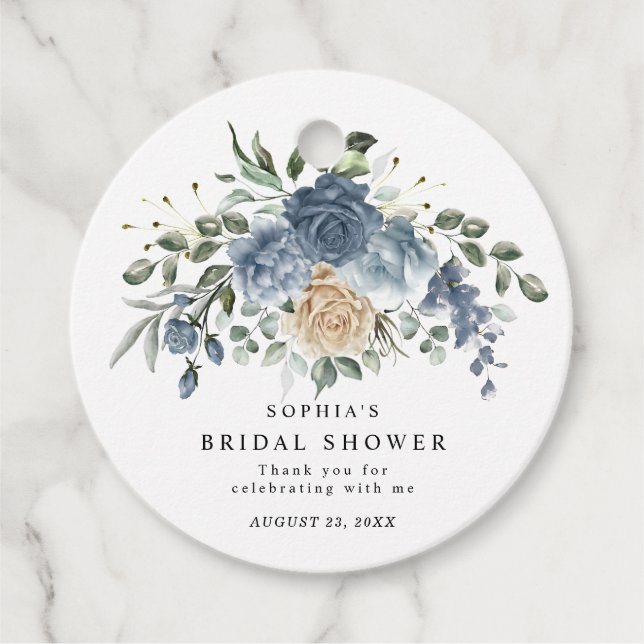 Dusty Blue & Champagne Floral Bridal Shower Geschenkanhänger (Vorderseite)