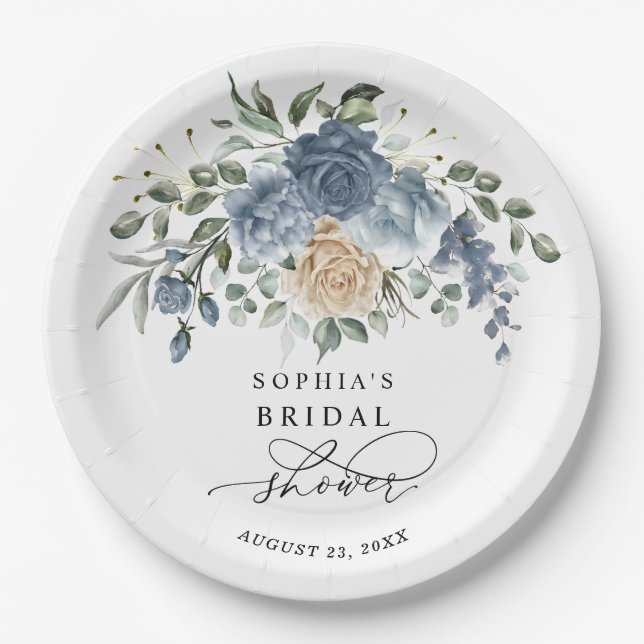 Dusty Blue & Champagne Floral Bridal Shower Pappteller (Vorderseite)