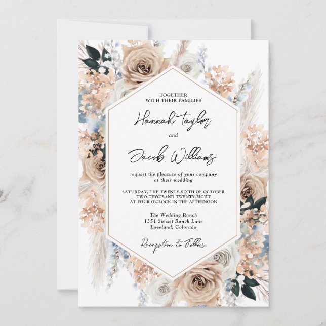 Dusty Blue Champagne Floral Wedding QR Code UAWG Einladung (Vorderseite)