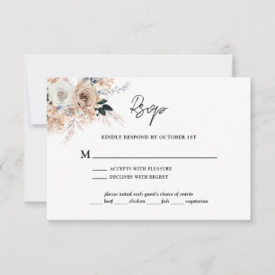 Dusty Blue Champagne Floral Wedding RSVP Karte
