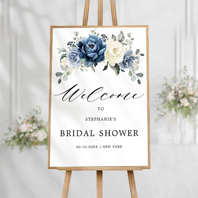 Dusty Blue Champagne Ivory Brautparty Empfang Poster (Dusty Blue Champagne Ivory Bridal Shower Welcome Poster)