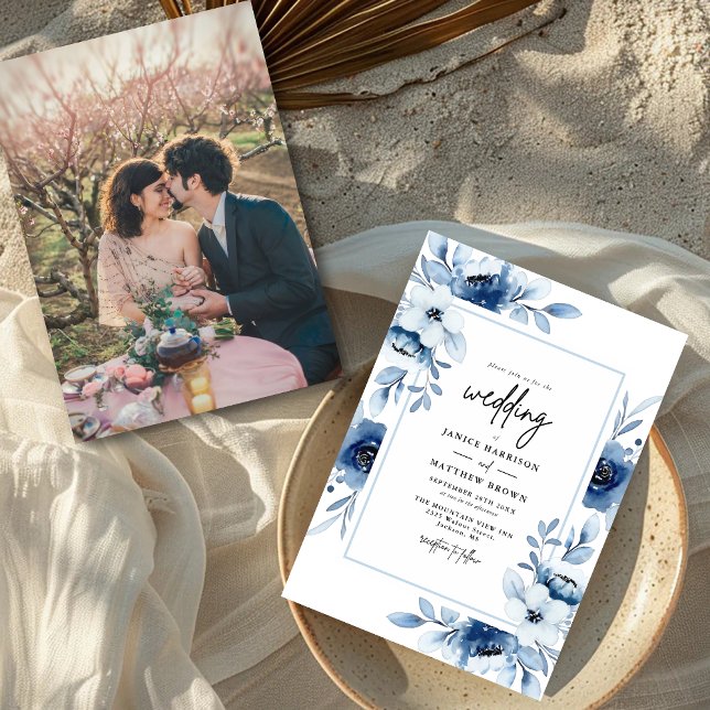 Dusty Blue Champagne Ivory Floral Foto Wedding Einladung (Von Creator hochgeladen)