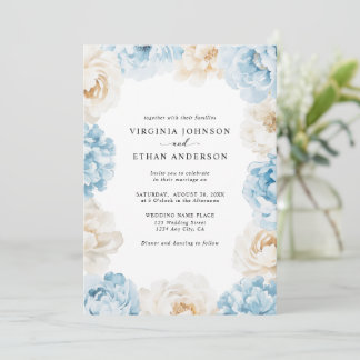 Dusty Blue Champagne Ivory Peonies Floral Wedding Einladung