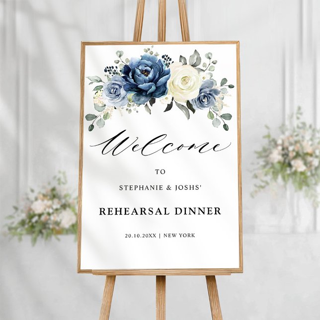 Dusty Blue Champagne Probe Dinner Welcome Pos Poster (Dusty Blue Champagne ivory floral  Rehearsal Dinner Welcome  Poster)