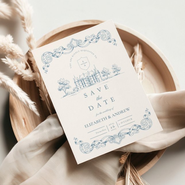 Dusty Blue Chateau Baroque Wedding Save The Date (Von Creator hochgeladen)