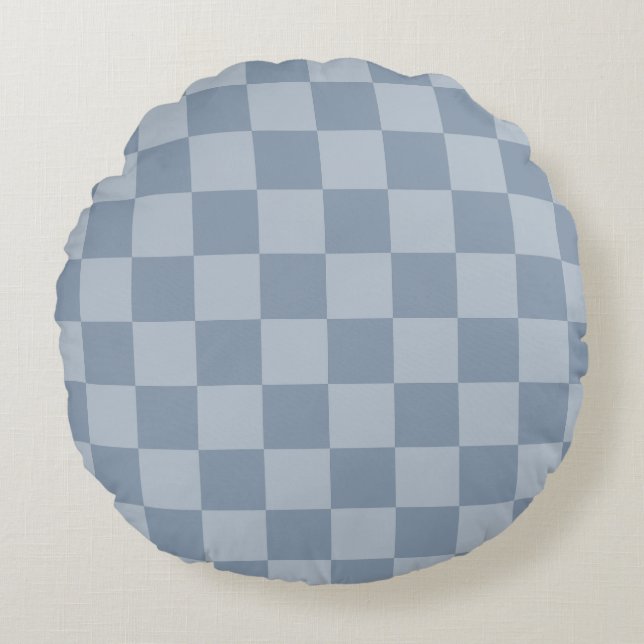 Dusty Blue Checkerboard Rundes Kissen (Vorderseite)