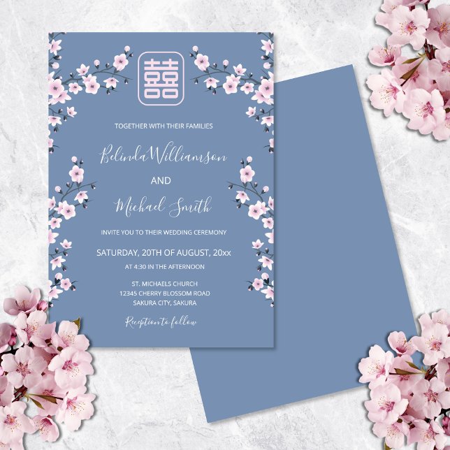 Dusty Blue Cherry Blossom | Chinesische Hochzeit Einladung (Von Creator hochgeladen)