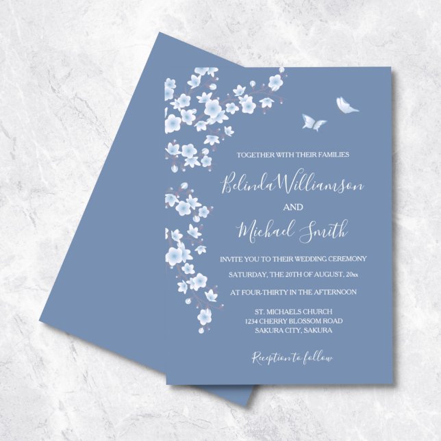 Dusty Blue Cherry Blossom | Hochzeit Einladung (Von Creator hochgeladen)