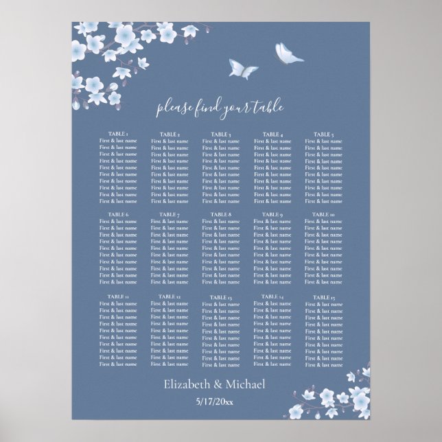 Dusty Blue Cherry Blossom | Hochzeitssitzdiagramm Poster (Vorne)