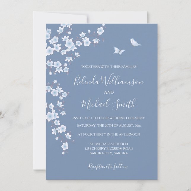 Dusty Blue Cherry Blossom | Wedding Einladung (Vorderseite)