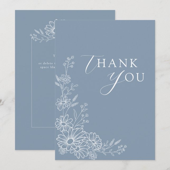 Dusty Blue Chic Botanical Daisy Garden Wedding Dankeskarte (Vorne/Hinten)