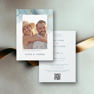 Dusty Blue Chic Modern Wedding QR Foto Rett Date Einladung
