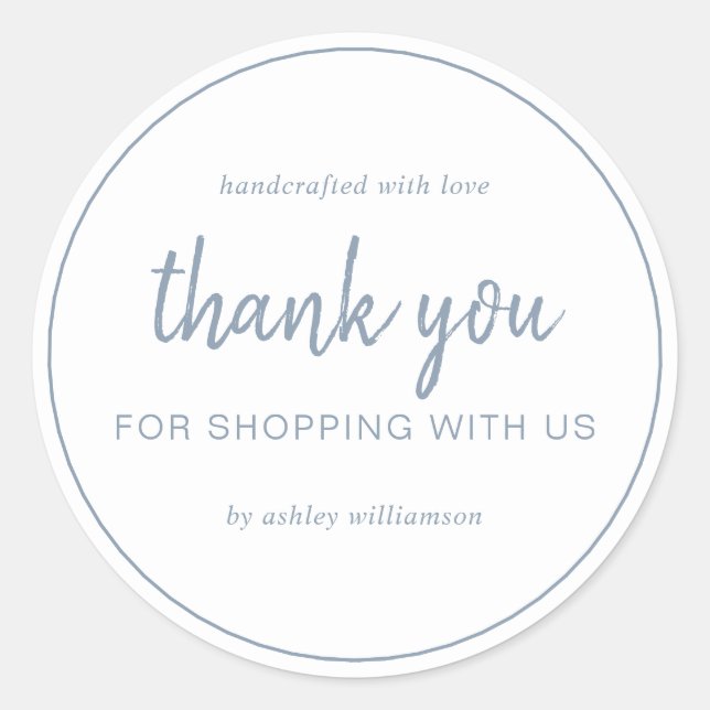 Dusty Blue Chic Script Thank You For Shopping Runder Aufkleber (Vorderseite)