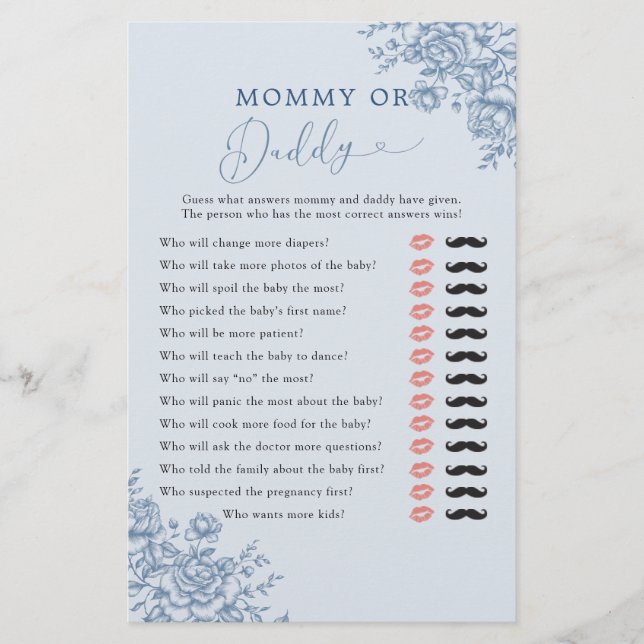 Dusty Blue Chinoiserie Baby Shower Mommy oder Dadd (Vorderseite)