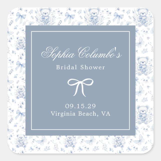 Dusty Blue Chinoiserie Babydusche Quadratischer Aufkleber (Vorderseite)