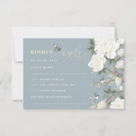 Dusty Blue Chinoiserie Bird Peony Wedding RSVP Karte