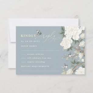 Dusty Blue Chinoiserie Bird Peony Wedding RSVP Karte