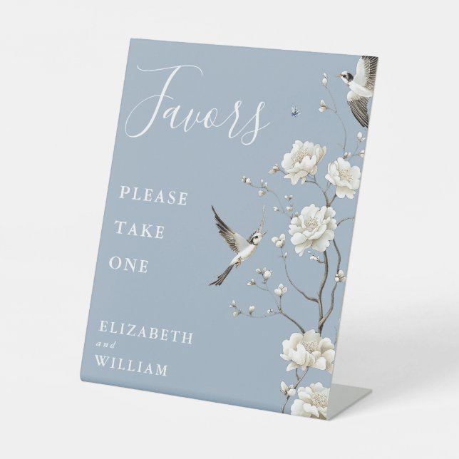 Dusty Blue Chinoiserie Blumenliebhaber Hochzeit Sockelschild (Vorderseite)