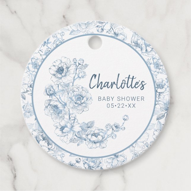 Dusty Blue Chinoiserie Floral Baby Dusche Geschenkanhänger (Vorderseite)