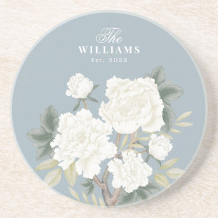Dusty Blue Chinoiserie Floral Family Monogram Getränkeuntersetzer