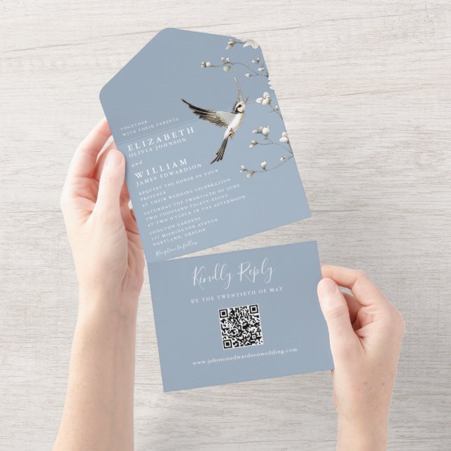 Dusty Blue Chinoiserie Floral QR Code Wedding All In One Einladung (Abreißen)