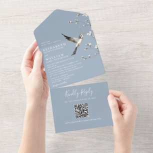 Dusty Blue Chinoiserie Floral QR Code Wedding All In One Einladung