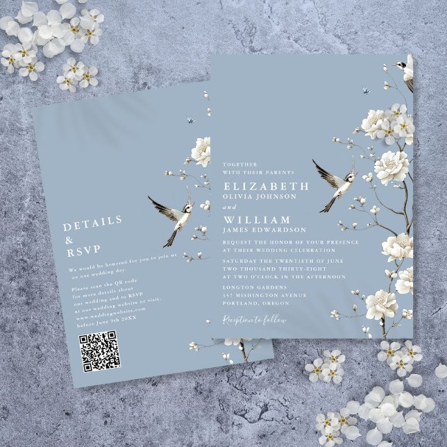 Dusty Blue Chinoiserie Floral QR Code Wedding Einladung (Dusty Blue Chinoiserie Floral QR Code Wedding Invitation)