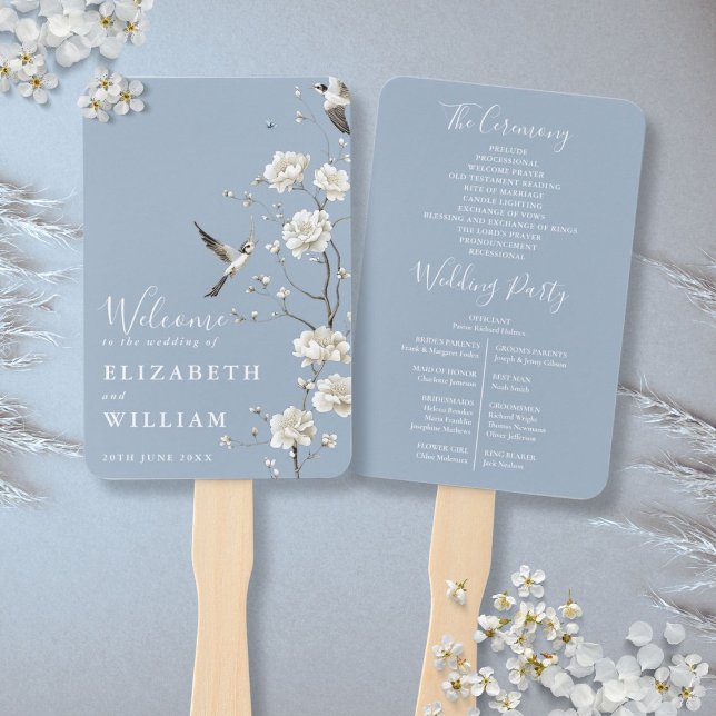 Dusty Blue Chinoiserie Floral Wedding Program Fächer (Dusty Blue Chinoiserie Floral Wedding Program Hand Fan)