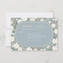 Dusty Blue Chinoiserie Ivory Blume Wedding RSVP Karte