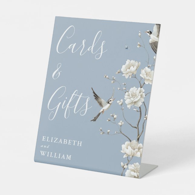 Dusty Blue Chinoiserie Karten und Geschenke Hochze Sockelschild (Vorderseite)