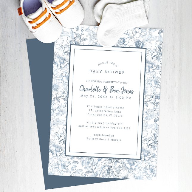 Dusty Blue Chinoiserie Kinderdusche Einladung (Classic Baby Shower Invitation)