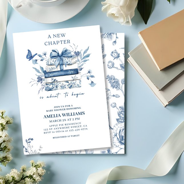Dusty blue Chinoiserie new chapter baby shower Einladung (Von Creator hochgeladen)