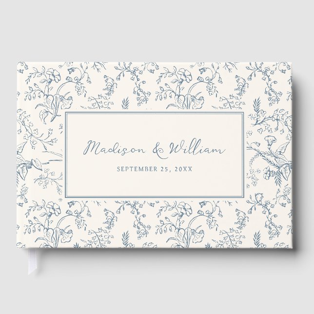 Dusty Blue Chinoiserie Pattern Wedding Gästebuch (Vorderseite)