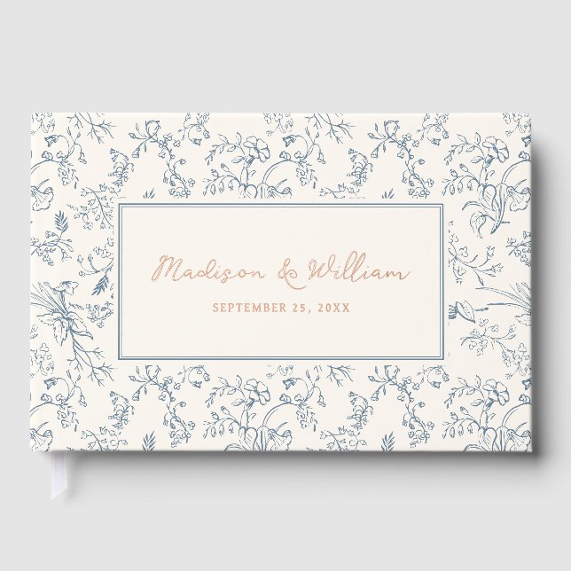 Dusty Blue Chinoiserie Pattern Wedding Gästebuch (Vorderseite)