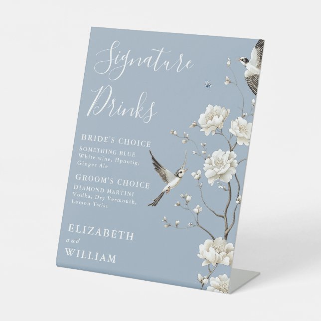 Dusty Blue Chinoiserie Signature Drinks Hochzeit Sockelschild (Vorderseite)